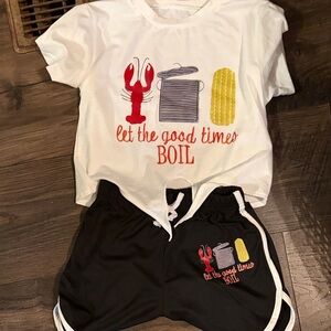 White Graphic Tee & Black Shorts Set — "Let the Good Times Boil" a1
